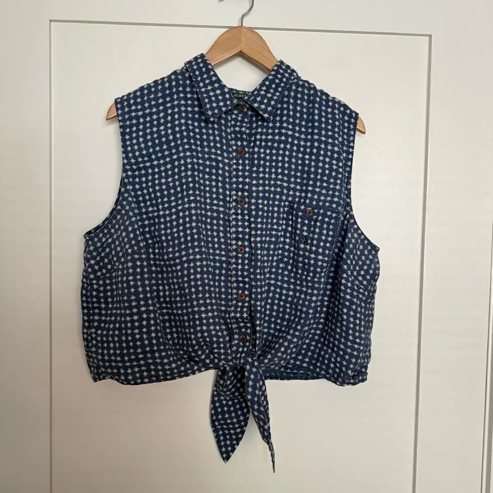 Lauren Ralph Lauren Top Sz 3X Blue Linen Sleeveless Button Up Tie Front Western